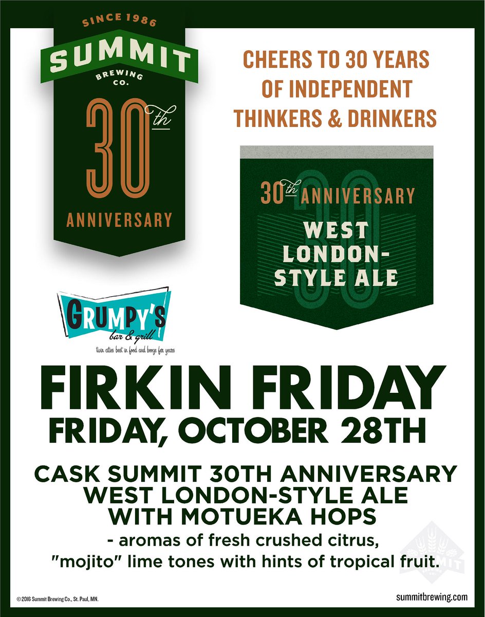 summitbeer's tweet photo. Tmrw is Firkin Friday! Stop by @grumpysdt from NOON ('til gone) Fri 28 for a special cask of #summit30 West London Style Ale w/Motueka hops! https://t.co/rcLrgq79Fh