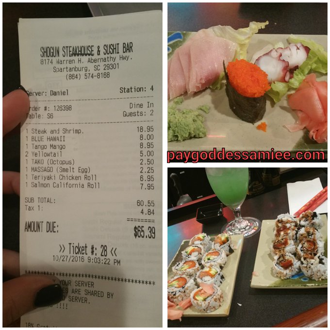 #Sushi and habachi #dinner before I upload new clips. Pick up the tab boys, fight over it. #findom #spoilme<a href="/tag/sushi"class="tags">#Sushi</a><a href="/tag/dinner"class="tags">#dinner</a><a href="/tag/findom"class="tags"><span>#findom</span></a><a href="/tag/financialdomination"class="tags"><span>#financialdomination</span></a><a href="/tag/spoilme"class="tags"><span>#spoilme</span></a><a href="/tag/oinkoi"class="tags"><span>#oinkoi</span></a>