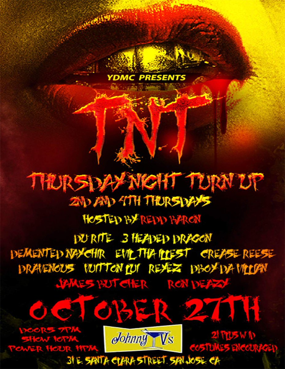 ydmc's tweet photo. #RainOrShine we partying all night at #JohnnyVs for #TNT #ThursdayNightTurnUp!! Costume Party with LIVE wicked hip-hop! You better come out. https://t.co/9TejjH8kns