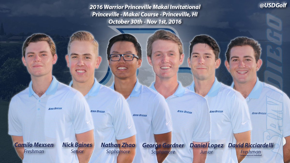 USDGolf's tweet photo. Your #Toreros are on their way to #Hawaii tomorrow. Here is your lineup for the Warrior Princeville Makai. #golf #sandiego @USDToreros https://t.co/u9NOLu9cFp