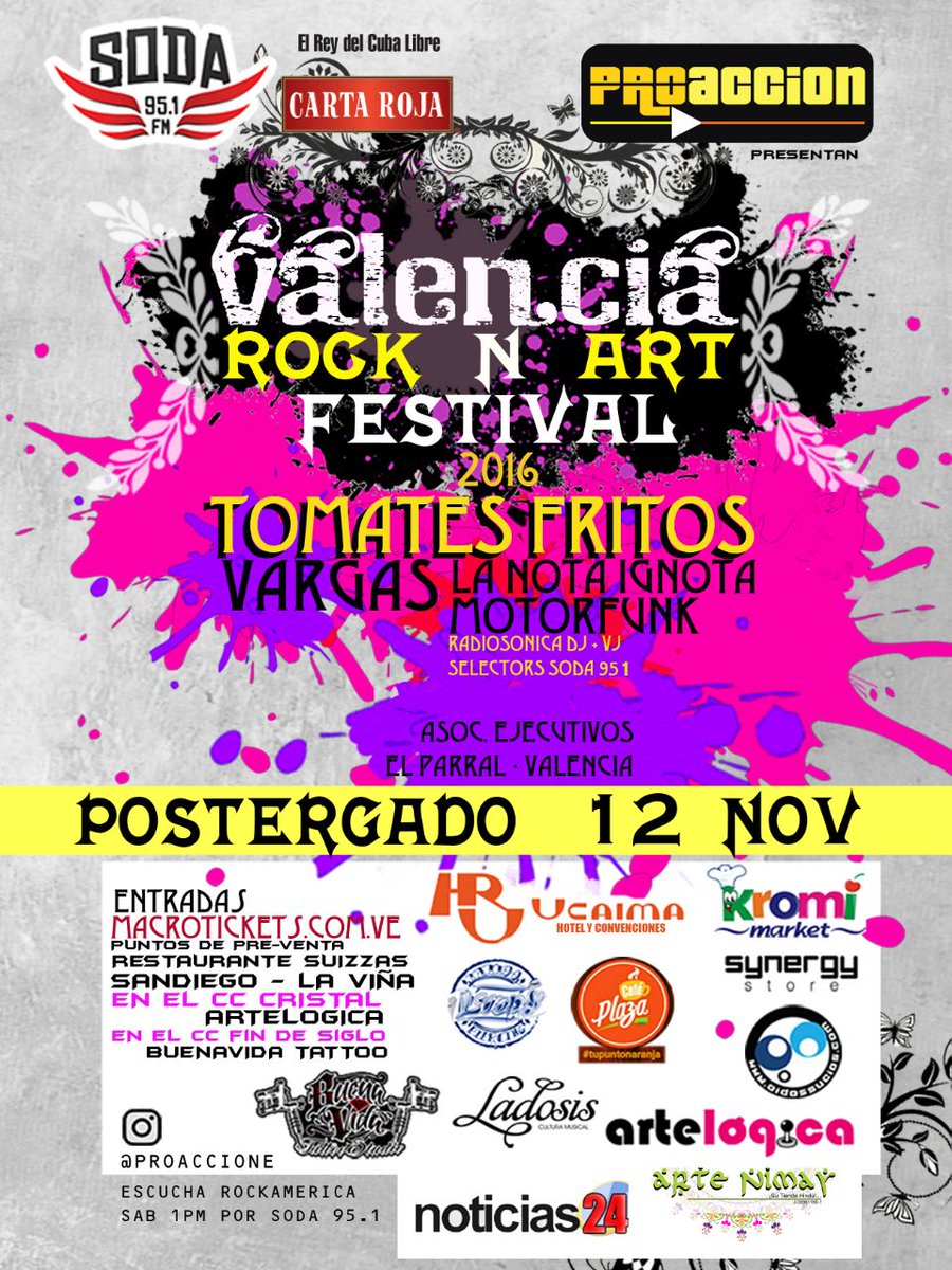 circuitosodafm's tweet photo. -EVENTO POSTERGADO PARA EL 12 DE NOVIEMBRE-
Valencia ¡ROCK N ART FESTIVAL 2016! Tus entradas en https://t.co/vB6nzjBzkO https://t.co/Reblsh3Uok