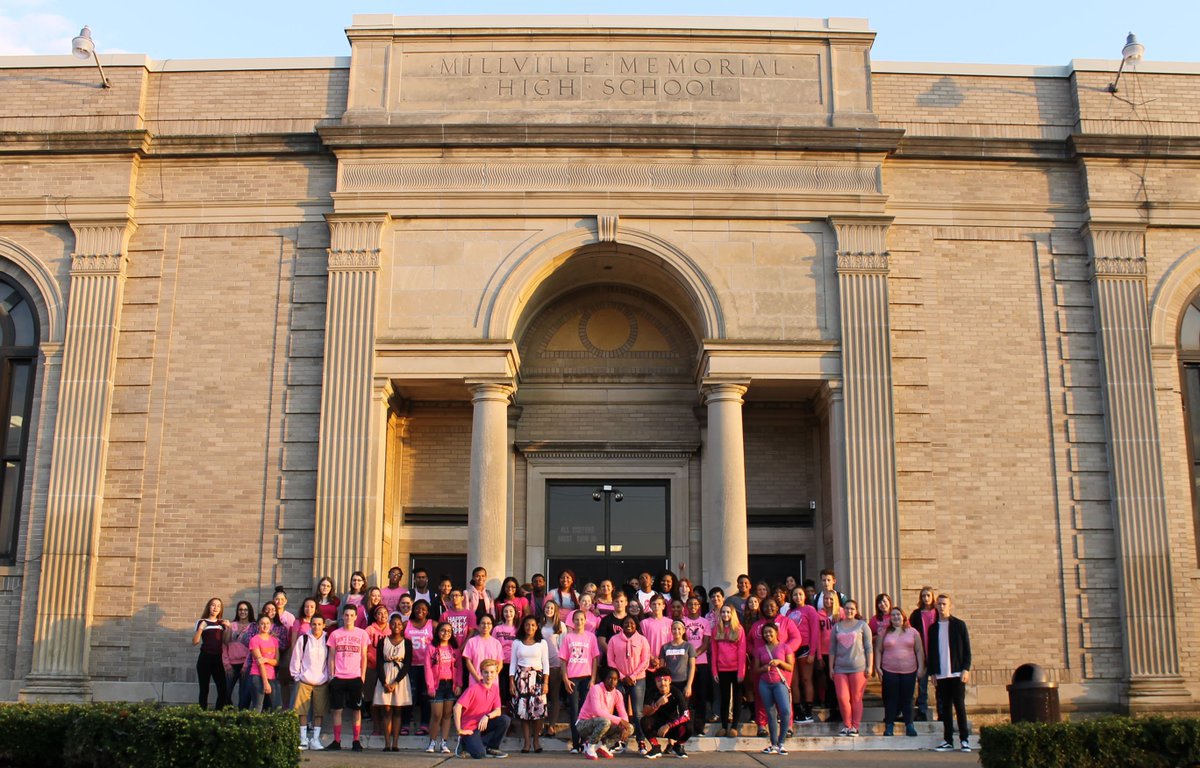 LisaVoitDJ's tweet photo. #MemorialHigh wears pink! #breastcancerawareness @GildasClubSJ @MillvilleHS https://t.co/gWVR5XLnkj https://t.co/3dF5jS21Nw