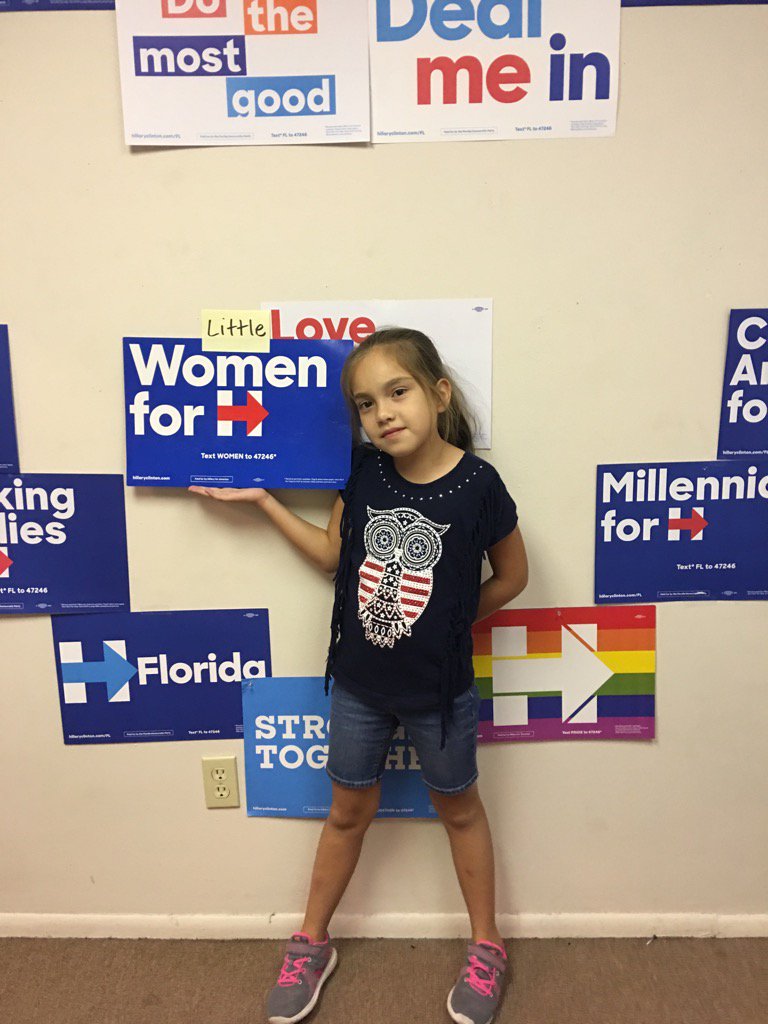 WithHer4Us's tweet photo. @HillaryClinton 's littlest biggest fan. She's phonebanked, doorknocked and helped register voters w/passion. https://t.co/BbDrddxLf2