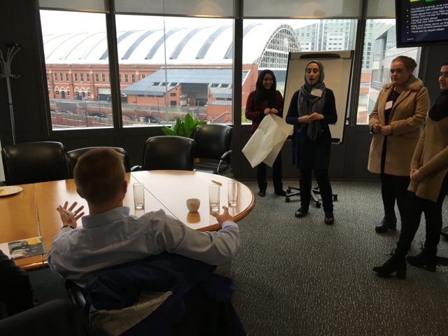 Manchester TTLG students confidently pitching as consultants about how social media giants can move into financial services <a href="/ey/">EY</a>