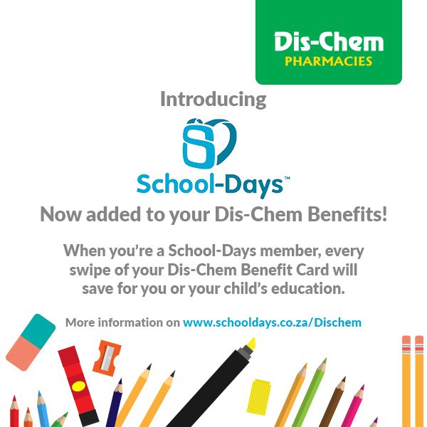 Dischem's tweet photo. Dis-Chem Benefits just got better! We've partnered with School-Days to help you save for your child's education. https://t.co/VjFEgJPBFn https://t.co/TN8MxLsY2w
