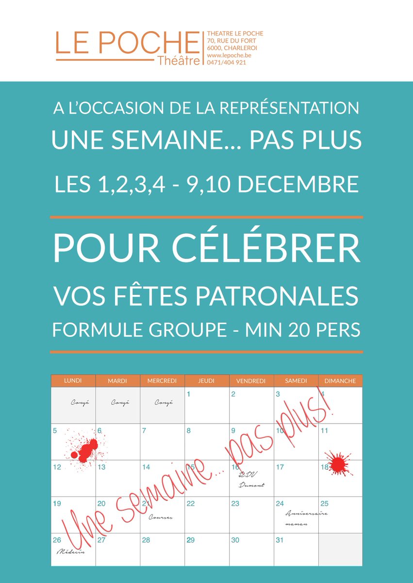 Une semaine pas plus pour les #fetespatronales? 10€ le #spectacle avec 2boissons ou 20€ avec repas et dessert. Réservations: resa@lepoche.be