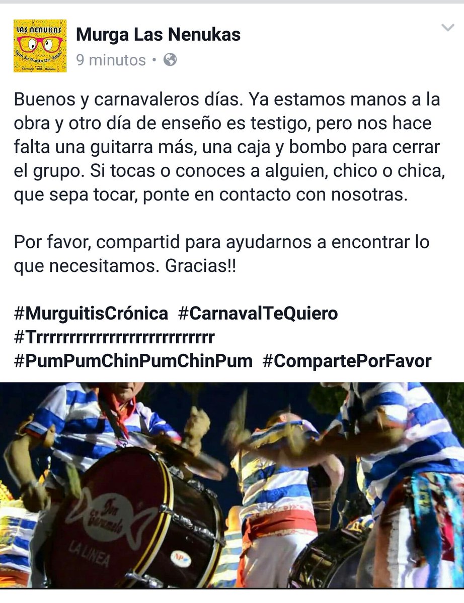 Buenos y carnavaleros días. Seguimos en marcha!! Pero nos falta una guitarra más, bombo y caja para cerrar el grupo.
Anímate!!  #RtPlease