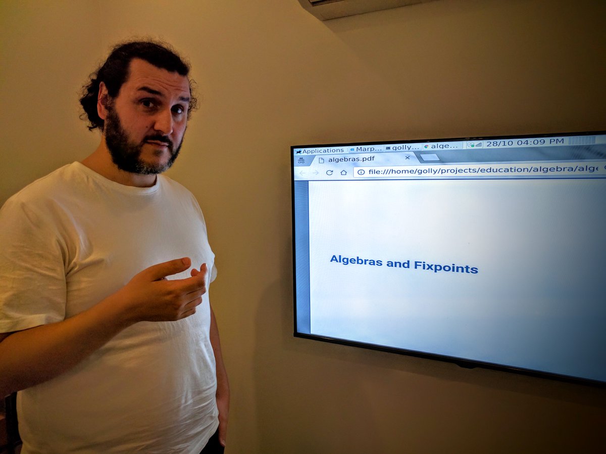 simpmach's tweet photo. This afternoons #FridayTechTalk with Dave (@japgolly): "Algebras and Fixpoints" https://t.co/YS6SPSNI9A