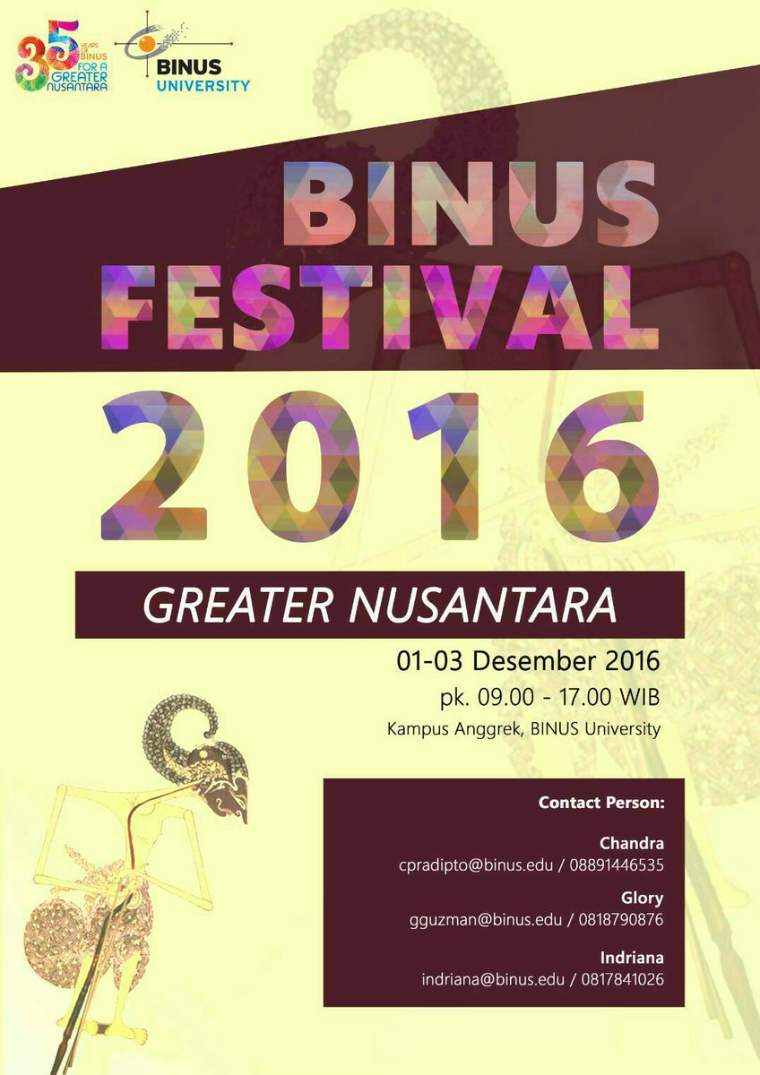 Come &amp; visit us at BIFEST 2016, 1-3 Desember 2016 @Binus Anggrek start from 9 AM-5 PM. FREE &amp; open for public!
Info: binus.ac.id