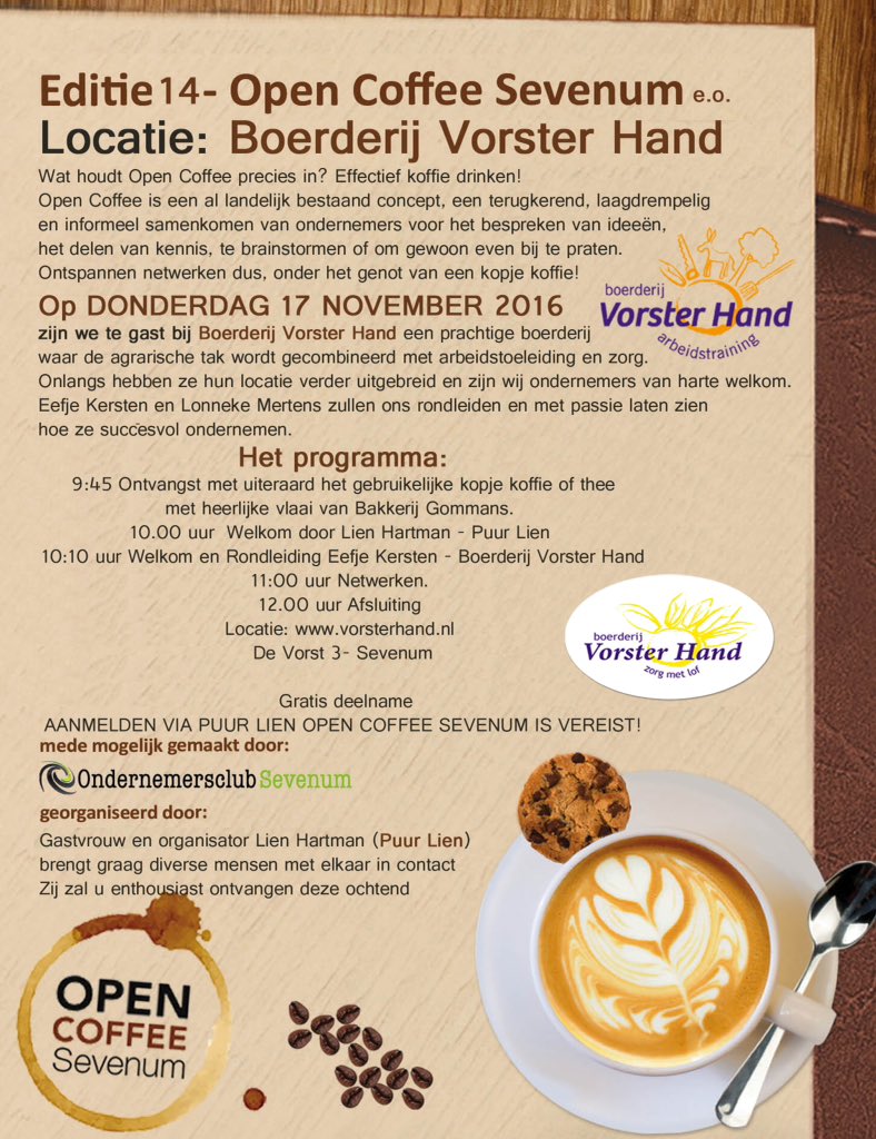 Donderdag 17 november alweer de 14e Editie! Open Coffee Sevenum. Aanmelden=gratis deelname