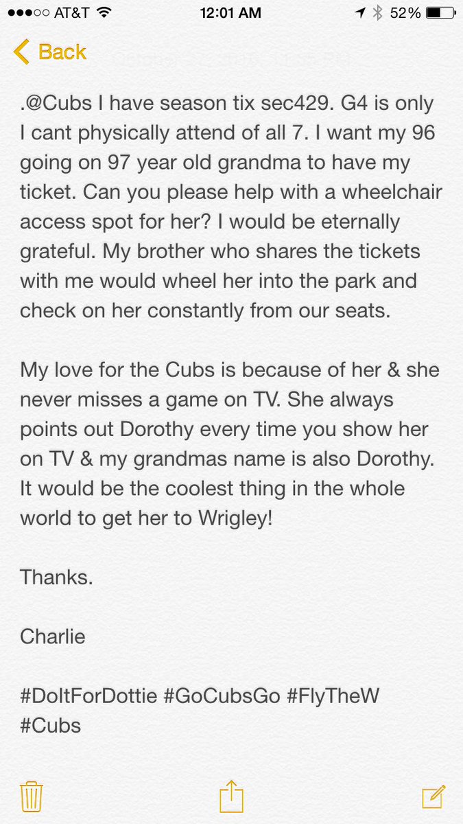 CharlieHustle5's tweet image. .@Cubs @ABC7Chicago @nbcchicago @cbschicago @FOXChicago @JLester34 @TomCrean #WorldSeries #DoItForDottie #Cubs