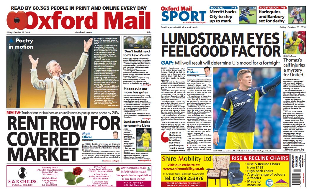 Today's front &amp; back page - fresh fears over Covered Market, and <a href="/OUFCOfficial/">Oxford United</a> look ahead to clash with <a href="/MillwallFC/">Millwall FC</a> bit.ly/2eWhLND