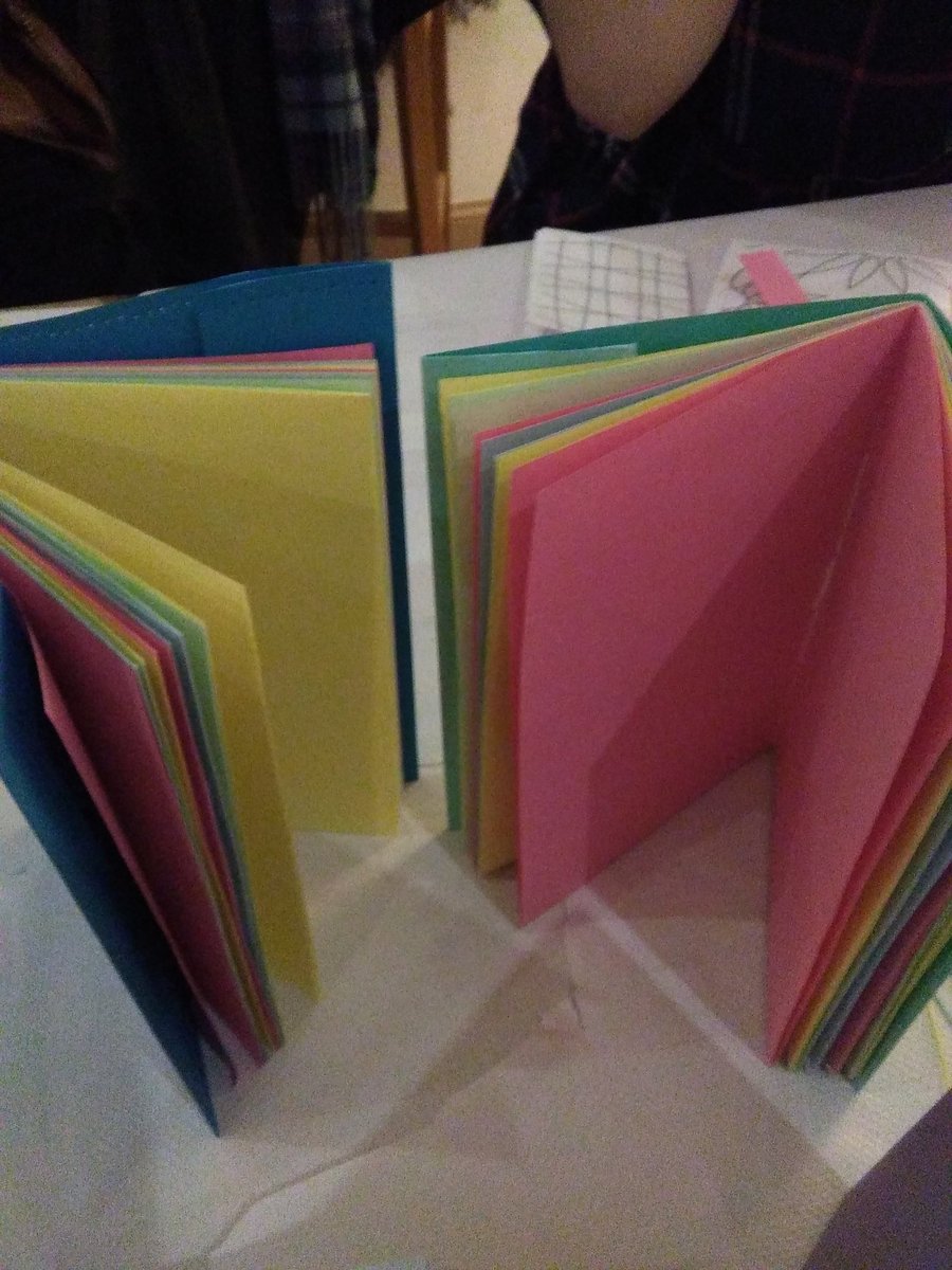 catmeighan's tweet photo. Last night's bookmaking @velocitylove #Inverness simple folding, stitching and rainbow pages https://t.co/bLoFQqFr2P