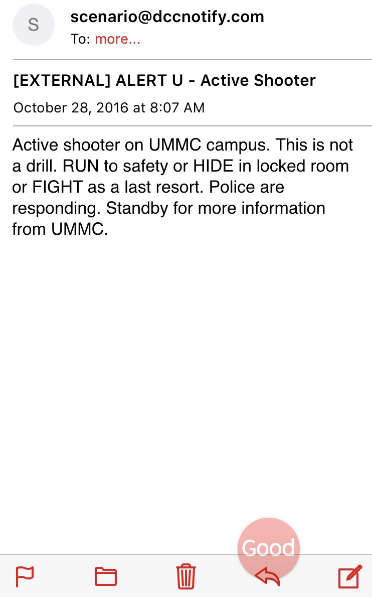 samrhall's tweet photo. BREAKING: There is NOT an active shooter on UMMC campus despite alert going out saying there is, UMMC officials confirmed. https://t.co/sx6rz2XRoE