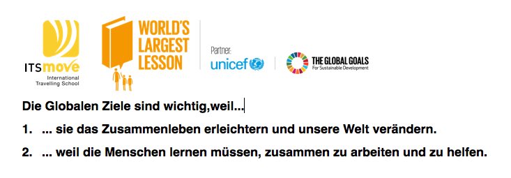 KoegelAndreas's tweet photo. @thegloblagoals #largestlesson
Die Schüler der #itsmove haben bei der worldslargestlessen mitgemacht und das sind die Gewinnersätze! https://t.co/FIJpJ3Kwqo