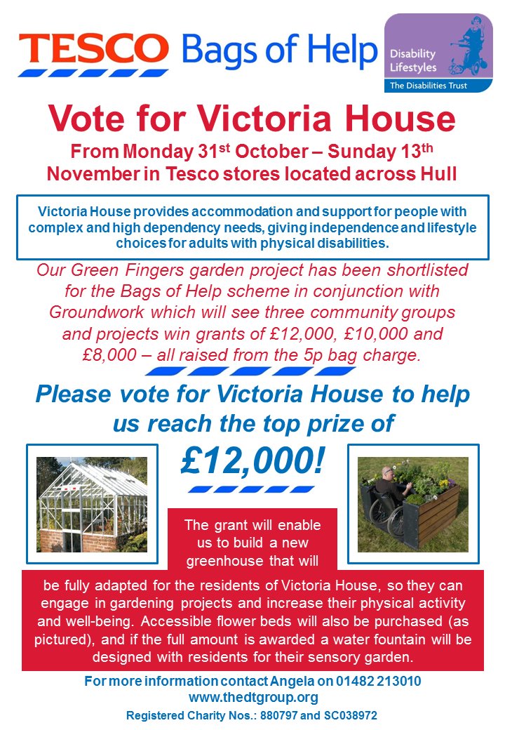 Please vote for our physical disabilities service Victoria House at your local #Hull <a href="/Tesco/">Tesco</a> from 31/10 - 13/11 to win a #BagsofHelp grant!
