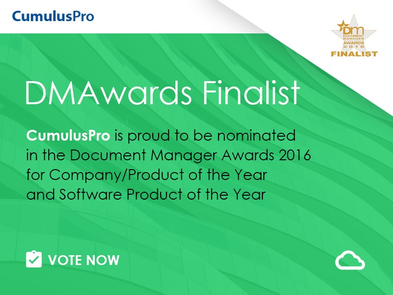 CumulusPro_com's tweet photo. CumulusPro finalist for Company of the Year in #DocumentManagerAwards. Voting closes 31st Oct. Vote for us now - https://t.co/s1DCgy4Vlz. https://t.co/Sm8Pd3eSBW