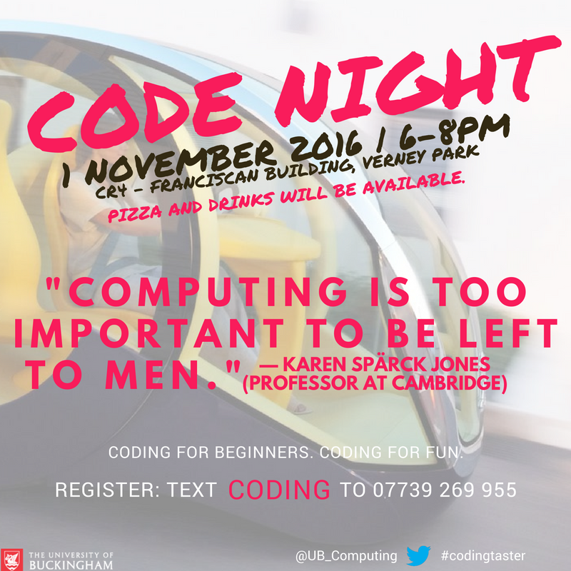 UB_Computing's tweet image. If you're interested in learning more about #coding, this is the perfect opportunity. Register to our #codenight 4 beginners. #codingtaster