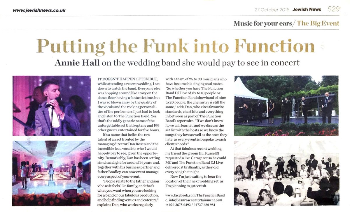 functionbandltd's tweet image. Thank you to the @jewishnewsuk for this lovely article about us! Good luck with the #SimchasLive16 show on Sunday! #functionband #eventprofs