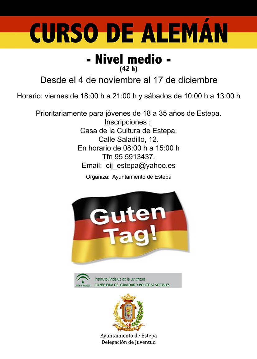 guadalinfostepa's tweet photo. CURSO DE ALEMÁN -NIVEL MEDIO en #Estepa del 4 Nov al 17 Dic, para jóvenes de 18 a 35 años. Más Información en @CIJEstepa Casa @culturaEStepa https://t.co/tDqqGaQd8e