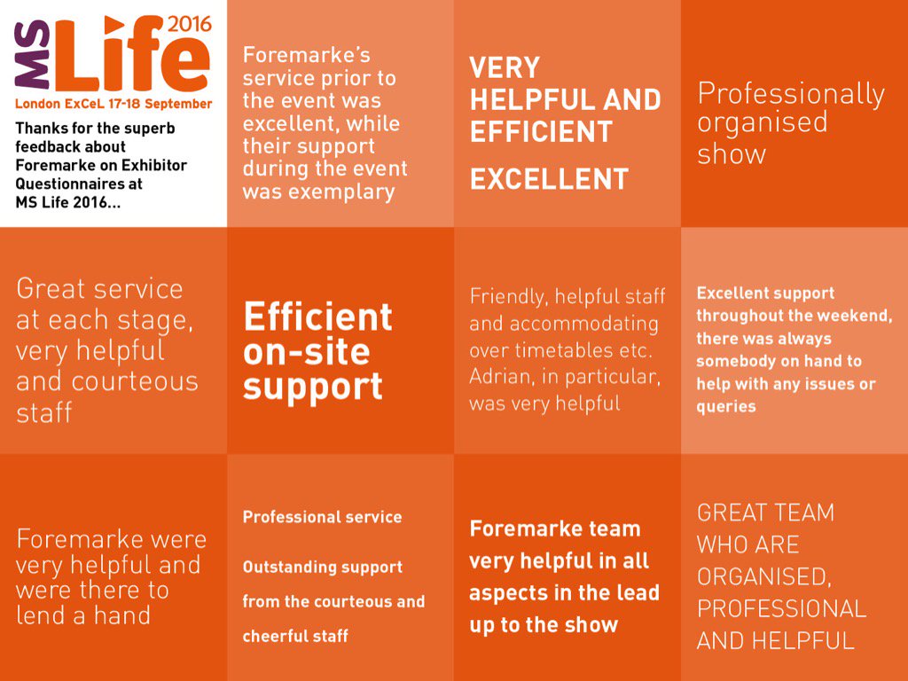 Foremarke's tweet photo. Thanks for superb feedback for #exhibition #eventmanagement for #charity #notforprofit for @mssocietyuk #MSLife2016 https://t.co/BEur0htwm4