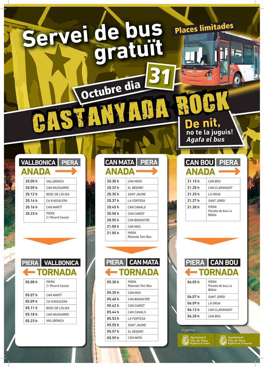 Us deixem els horaris del #BusNit per assistir al <a href="/CastanyadaRock/">Castanyada Rock</a> desde els #barris de #Piera Ja sabeu, #Denitnotelajuguis! #piera57km