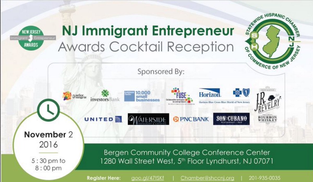 LUISODLH's tweet photo. NJ Immigrant Entrepreneur Awards Cocktail #PrimerNJ #SHCCNJ #Familia https://t.co/tNA1NtrxXl @BergenCC @SHCCNJ #latism16 @SenorSangria https://t.co/IwKcpDoC9K