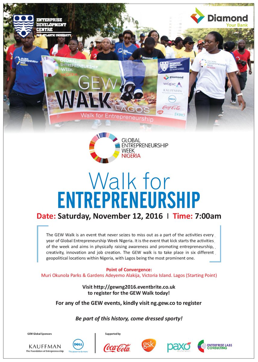 EDC4SME's tweet photo. GEW 2016 is around the corner and will kick off with a Walk for Entrepreneurship on Saturday,Nov 12, 2016 @DiamondBankNG @anif003 #GEWNG2016 https://t.co/8p5n4pZU2I