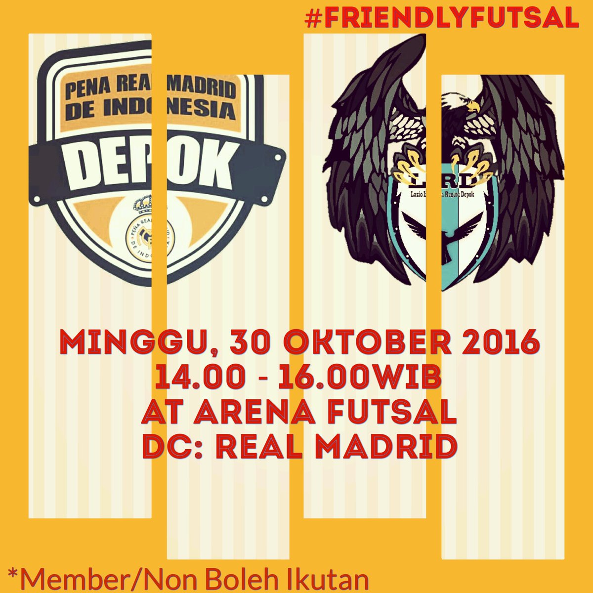 ⚽ #FriendlyFutsal w/ <a href="/LI_DEPOK/">Lazio Depok (LIRD)</a>
📆 Minggu, 30 Oktober
🕑 14.00-16.00wib
🏡 Arena Futsal (samping McD Kelapa Dua)
👦 Member/Non boleh ikutan.