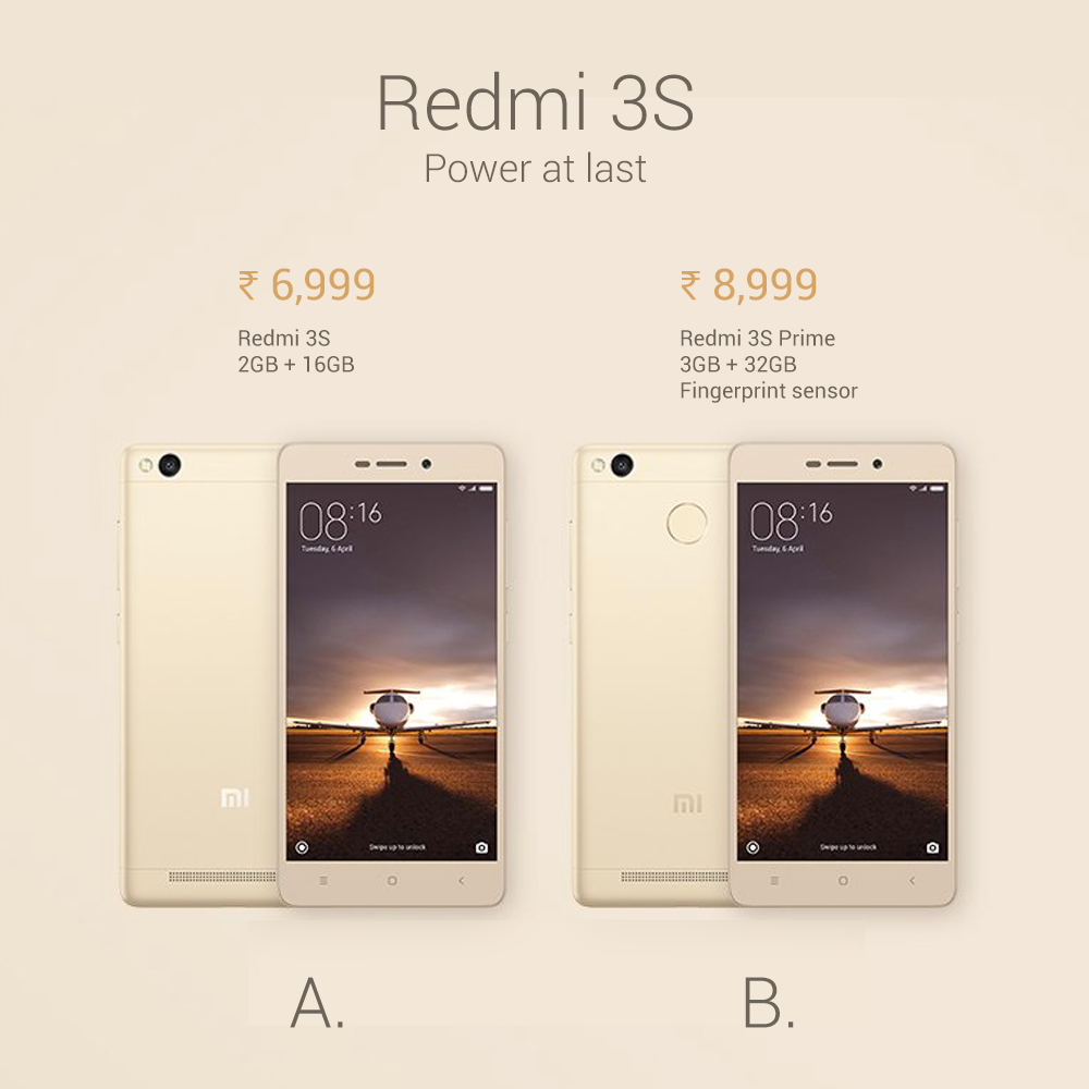 RedmiIndia's tweet photo. #PowerAtLast - A. #Redmi3S or B. #Redmi3SPrime & why? RT & tweet Mi your answer! ^_^ https://t.co/ZFHVzrEQiE