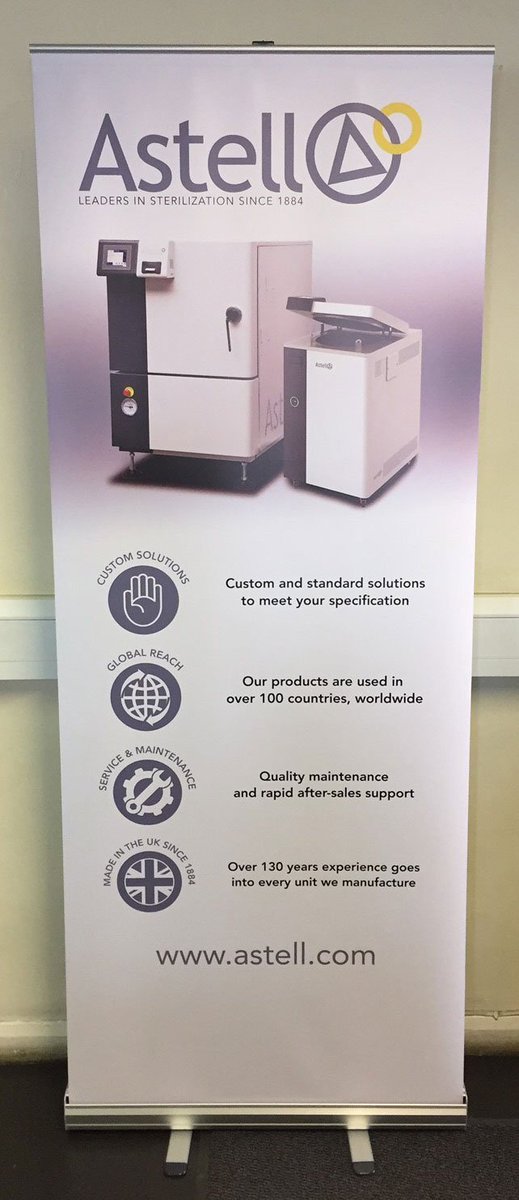 AstellSci's tweet photo. #Breakingnews The new #Astell brand roller banners have arrived at HQ! Each features an ASB300 #Swiftlock and AMA440 top loading #autoclave https://t.co/qynLZ5iP9l