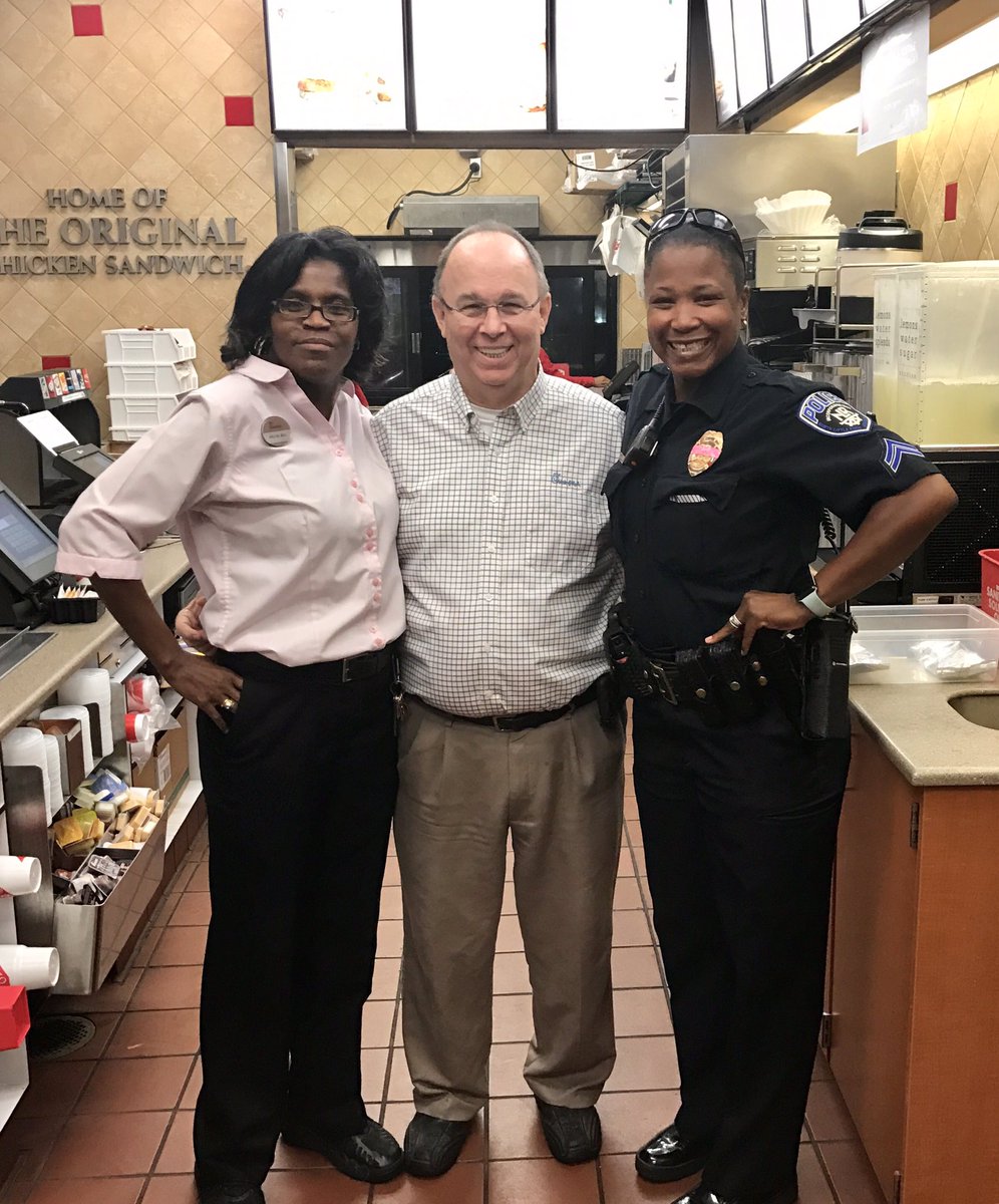NLRPD's tweet photo. We're here at Chick-fil-A on McCain Blvd! Come on out today from 6:45am - 8am for some good food and conversation! #ConversationWithaCop https://t.co/HmZL5Ng2iL