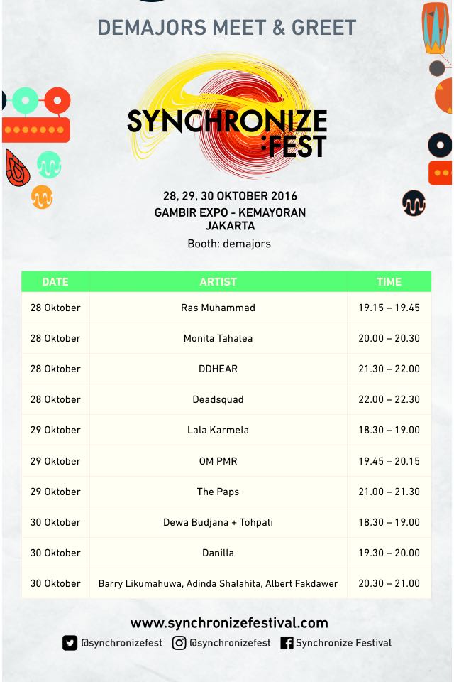 endahNrhesa's tweet photo. Meet &amp; Greet with #DDHEAR!! Kunjungi Demajors Store di @SynchronizeFest jam 21.30 malam ini yaa. Sampai jumpaaa 😍 cc: @dialogdinihari https://t.co/75zg8yMGh5