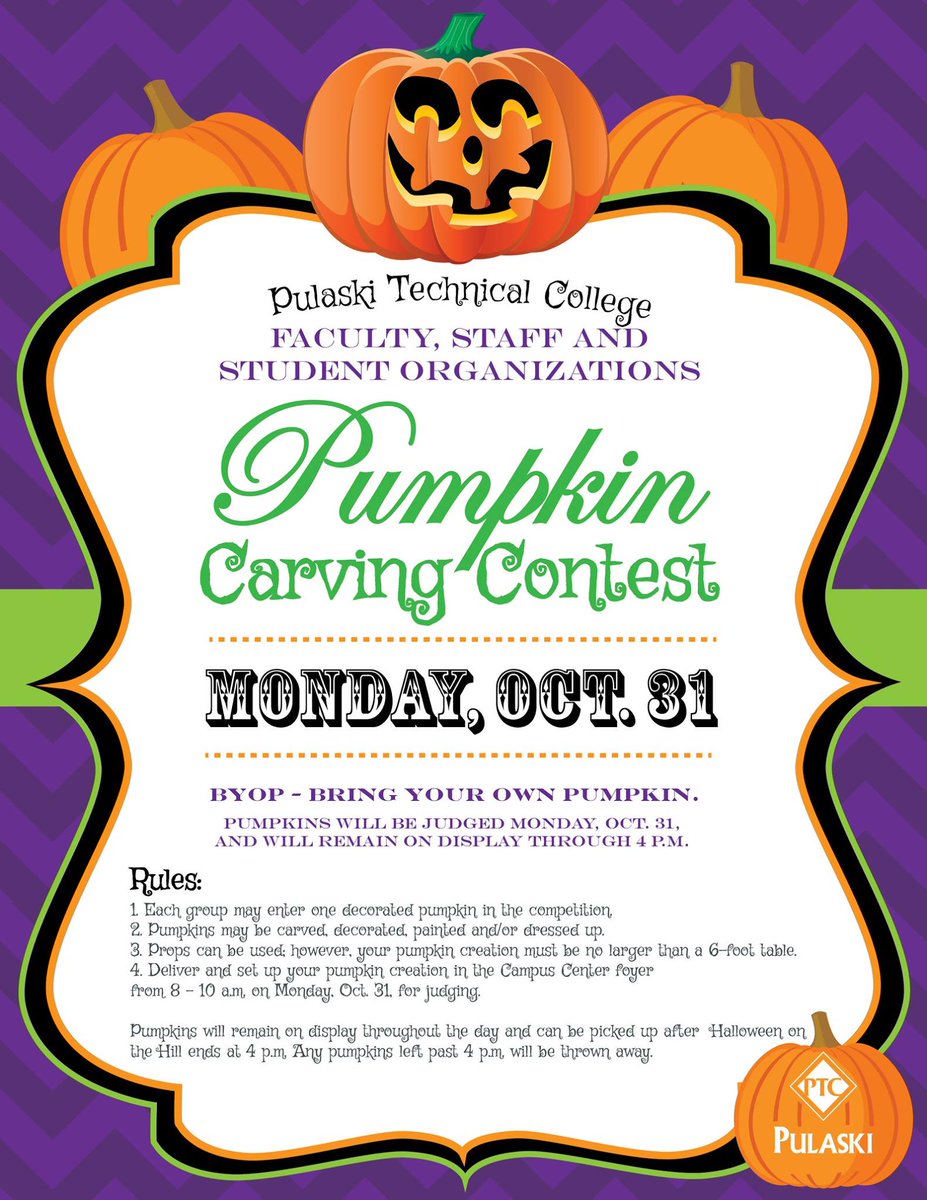 pulaskitech's tweet image. Do you have creative pumpkin carving skills? If so, enter our pumpkin carving contest on Oct 31. See flyer for details. #pulaskitech
