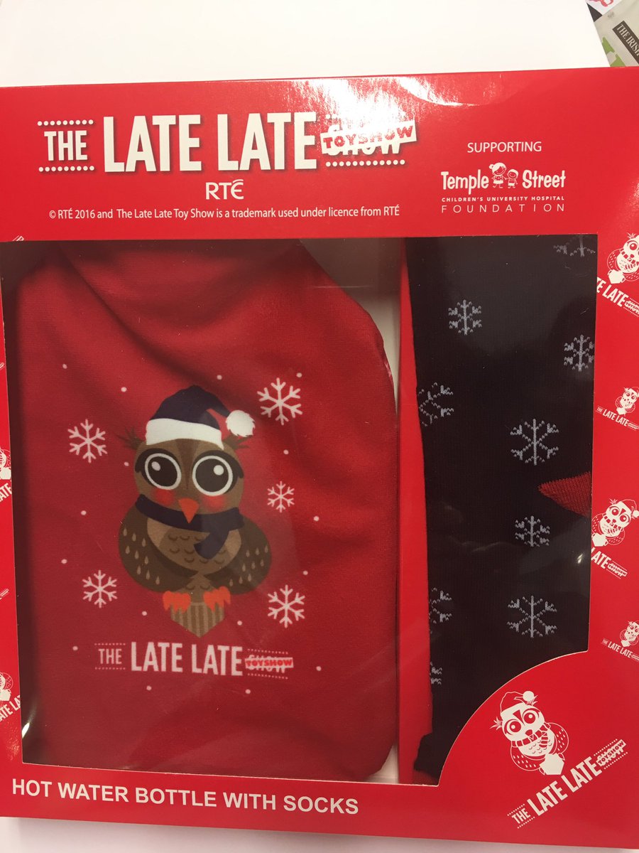 gnelis's tweet photo. On sale from tomorrow @Primark: Late Late Toy Show kits in aid of @Temple_Street. Hot water bottles, slippers, socks, the lot! 🎅🏻 https://t.co/Wl2bf8wm13