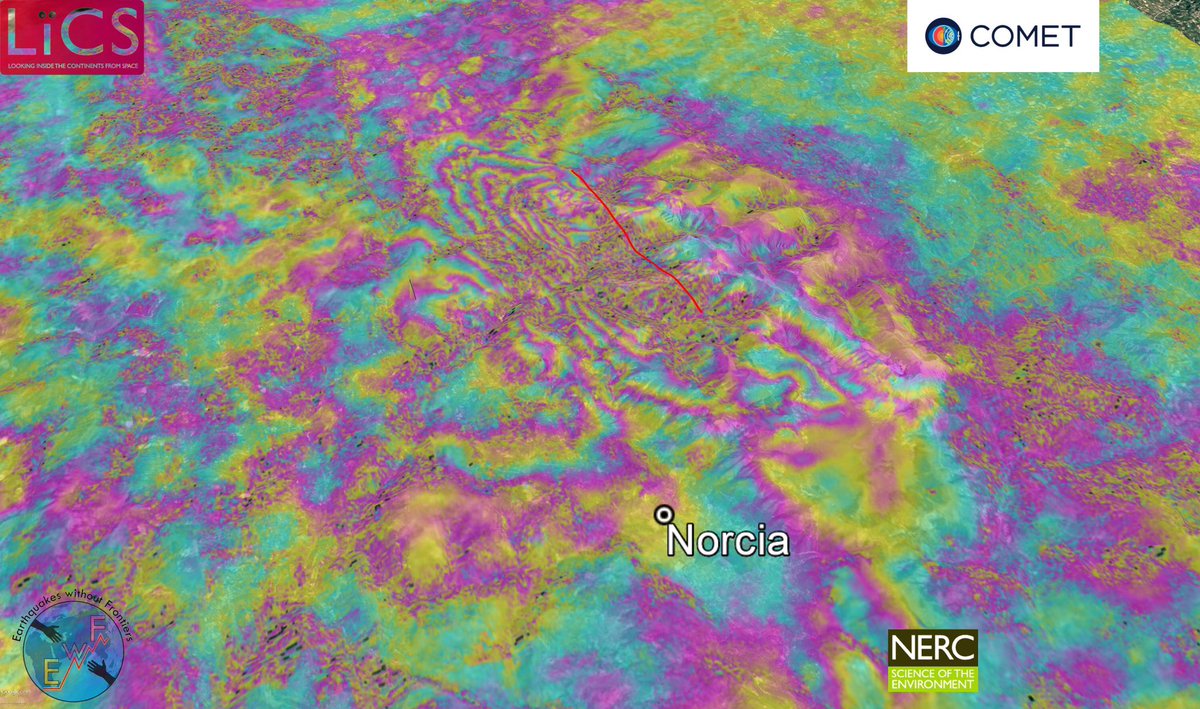 #sentinel-1 interferogram for yesterday's M6.1 #italy #earthquake. Data on comet website soon. Long/shallow rupture, northern Vettore Flt.