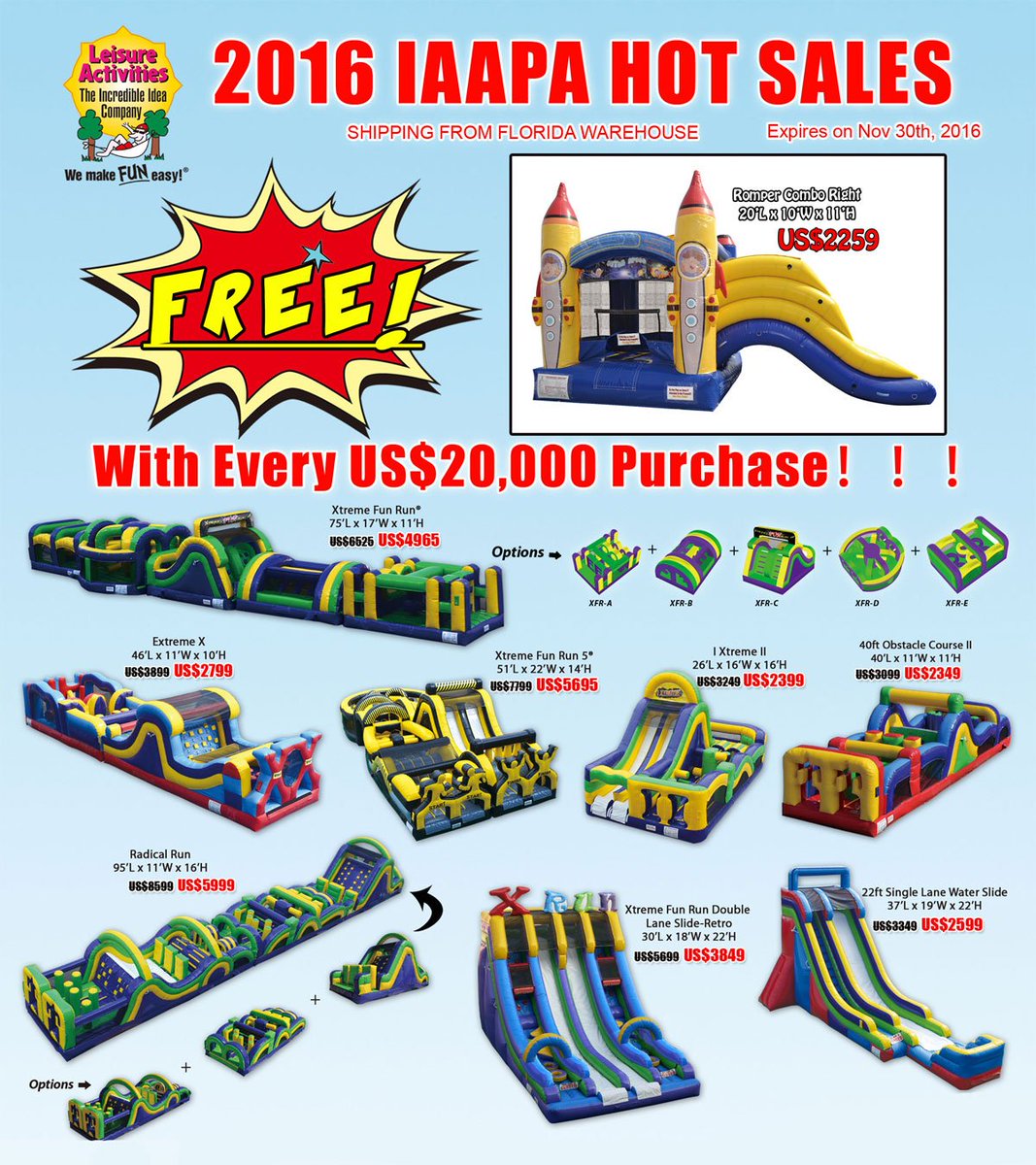 LeisureActivit1's tweet photo. More #IAAPA #IAE16 @IAAPAHQ Leisure Activities #InflatableSale flyers for IAAPA 2016 ORLANDO! See you there. 727-417-7128. https://t.co/Xr3bGLQmnI