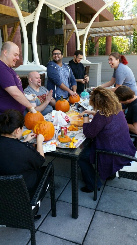 Palila's tweet photo. Team outing! To the patio! With pumpkins! #consumerdevtv https://t.co/H86sc0E08X