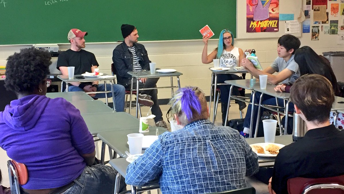 ncpflanagan's tweet photo. @kurtwood81, @JarrettDapier &amp; @IsabellaRotman talk comics diversity, censorship, and comic book culture with XLit today at Northside Prep. https://t.co/0F0k3DbzgI