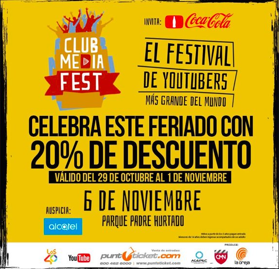ClubMediaFest's tweet photo. Se acaba, se acaba, se acaba el descuento y vos no tenés tu entrada?? Dale que ya quedan sólo 8 días!! #CMFChile 

https://t.co/tI4qHYDBoZ https://t.co/vH0HEQnwNF