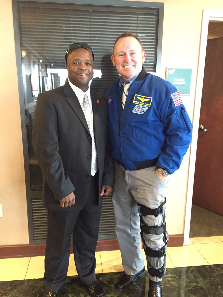 TNDeptofSafety's tweet photo. .@TNHighwayPatrol Lt. Vance Pitts with @NASA astronaut Capt.Butch Wilmore celebrating TN's achievements in science. #TNSoarsinScience https://t.co/FcWEeclqLz