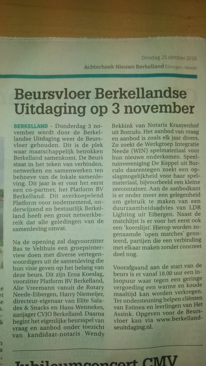 BerkelUitdaging's tweet photo. Dankjewel @robweeber voor 't mooie artikel in @ANEibergenNeede over #Beursvloer  @CvJOBerkelland al 90 deelnemers https://t.co/eyMr0A2uXX https://t.co/ikX1q1Mlog