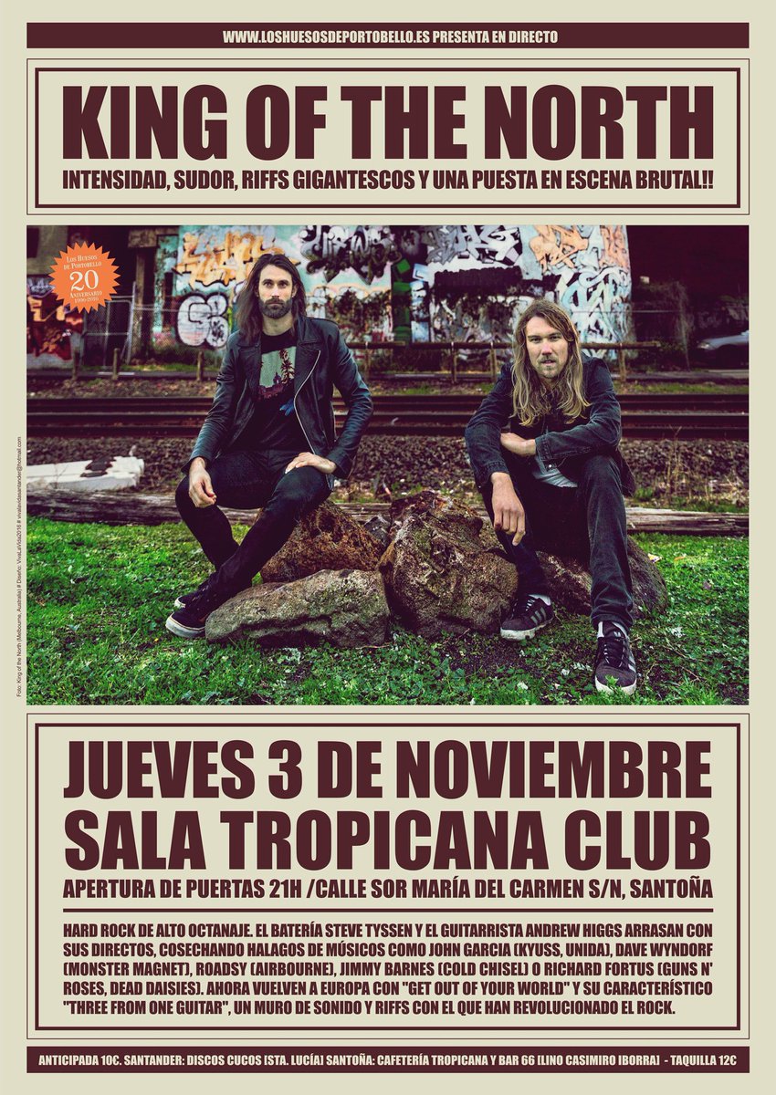 PortobelloBones's tweet photo. El próximo jueves, #KingOfTheNorth presentan #GetOutOfYourWorld en la #TropicanaClub de #Santoña +Info: https://t.co/cyC3gnRQMD @KOTNBAND https://t.co/kH43Kvyu2W