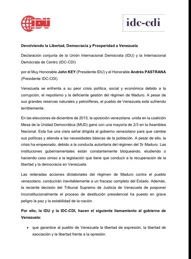 PRSC_RRII's tweet photo. Histórica primera declaración conjunta entre la IDC e @IDU_Secretariat las dos internacionales que integramos. Unidos en apoyo a Venezuela https://t.co/vwSXQ6CLAW