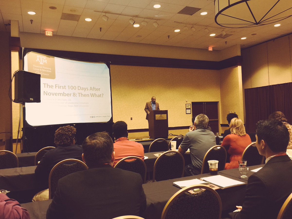 AggieFPSA's tweet photo. Frederick D. McClure, J.D starts his presentation 'The First 100 Days After November 8: Then What?' #FPC2016 #FPC16 #aggieplanners https://t.co/Bjv1gDzdo9