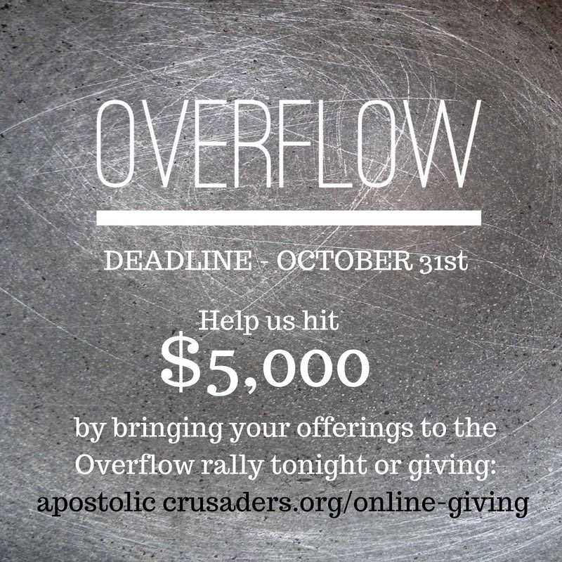 MI_Crusaders's tweet photo. The deadline for our Overflow offering is Monday, October 31st! Be sure to bring your offerings to the rally in Battle Creek tonight at 7:30 https://t.co/qusd8MzdvB