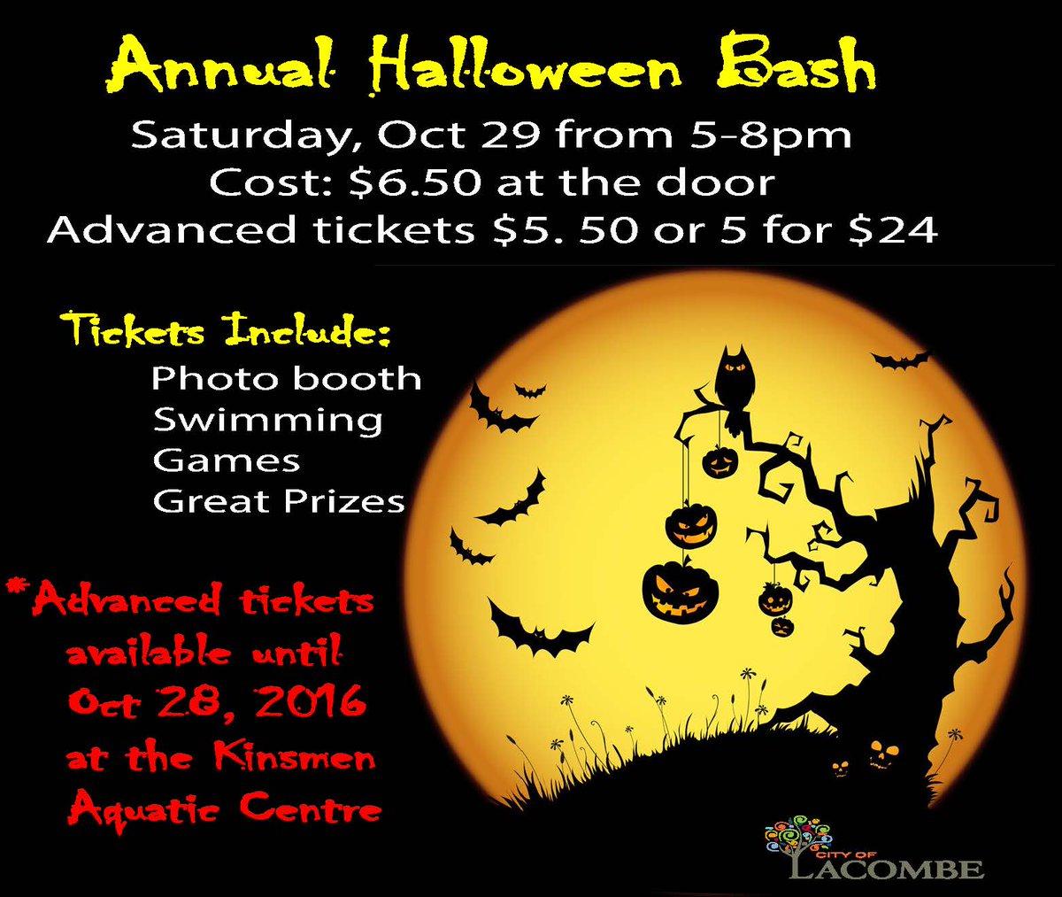 CityofLacombe's tweet image. Don&apos;t forget the #CEG3 Kinsmen Aquatic Centre&apos;s #Halloween Bash this Sat. Oct. 29 from 5-8 pm. See poster for details #spookyfuntimes