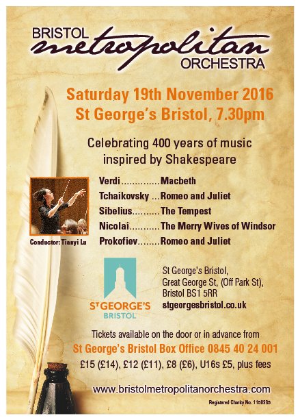 BMetOrchestra's tweet photo. @thedorothyc @themaracaman &amp; Matt Landau of @SplintTheatre join us @stgeorgesbris 19/11 to celebrate #Shakespeare400 https://t.co/7Szm4mf7i0