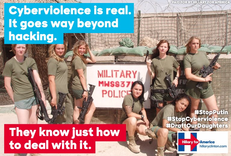 UNCyberPeaceDep's tweet photo. We endorse @HillaryClinton to bring the fight to #Cyberviolence terrorists #GamerGate
#ImWithHer #StrongerTogether #DraftOurDaughters https://t.co/J0hHq37NvB