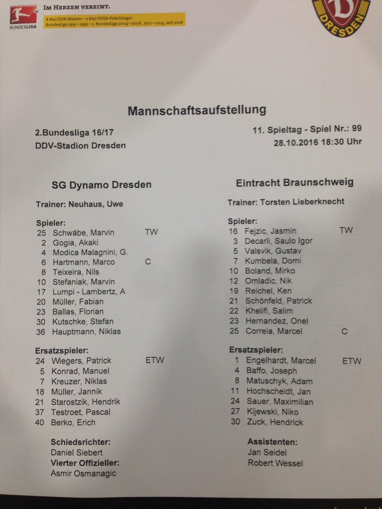 Diese Dynamo-Elf soll Braunschweig schlagen. Spielbeginn erst 18.45 Uhr. Eintracht-Fans im Stau #SGDEBS https://t.co/HNHXWrLifD